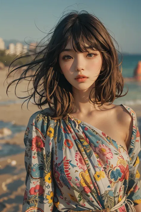 Araped woman wearing multi-colored dress with short hair, curtain bangs, No makeup, wavy hair, Madison Beer, without makeup, 중앙에서 분리된 curtain bangs, Profile picture, Use Instagram Filters, Subtle soft and dim light, Pose looking back at the beach, sandy be...