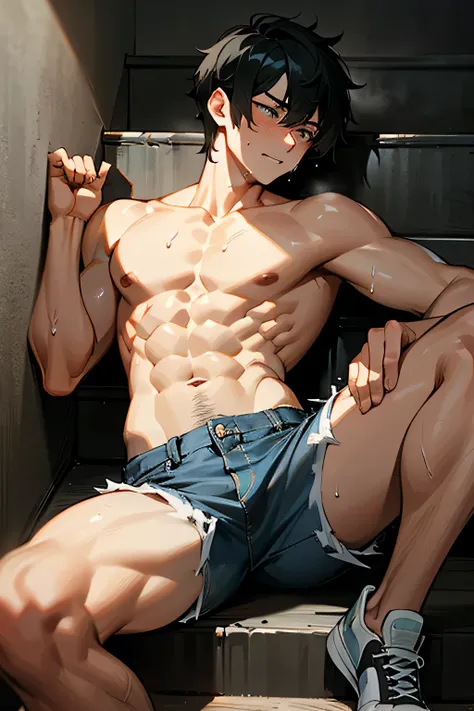 shirtless handsome manly short black hair caucasian male in tattered short jeans and sneakers, shirtless, sweating profusely, drenched with sweat, exhausted, panting, lying on the stairs, at home