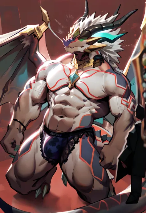 An anthropomorphic male dragon, His body is adorned with luxurious and gorgeous lace lingerie, Highlight his muscular body and sharp claws. The underwear tightly wrapped around his body, Showing the outline of his chest, abdomen, and weapons. His wings, St...