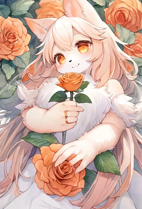 watercolor, highres, top quality, best quality, paid reward available, High-quality illustrations, unparalleled masterpiece, perfect artwork, absurdres, 1girl, kemono, furry, detailed body fur, animal face, animal hand, Archaic Smile, holding a cluster of ...