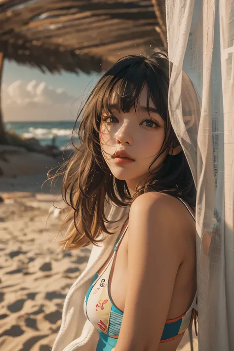 Araped woman with short hair and rash guard, board shorts, curtain bangs, No makeup, wavy hair, Madison Beer, without makeup, 중앙에서 분리된 curtain bangs, Profile picture, Use Instagram Filters, Subtle soft and dim light, Pose looking back at the beach, sandy b...