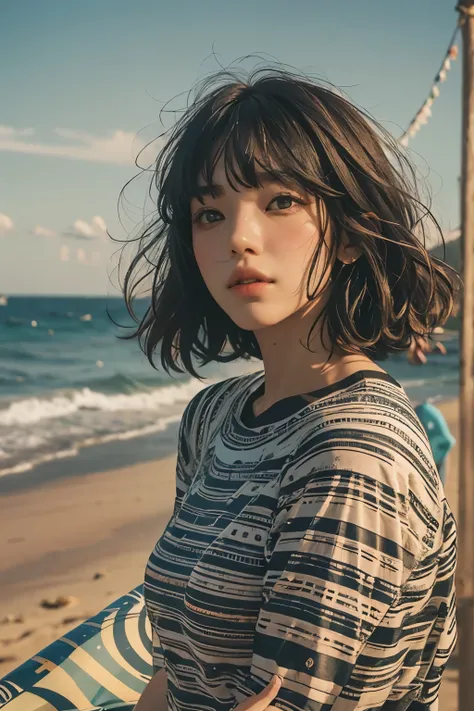 Araped woman with short hair and rash guard, board shorts, curtain bangs, No makeup, wavy hair, Madison Beer, without makeup, 중앙에서 분리된 curtain bangs, Profile picture, Use Instagram Filters, Subtle soft and dim light, Pose looking back at the beach, sandy b...