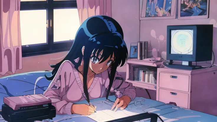 A woman with a computer in her room studying, it looks like it is day and it is becoming night (((anime 1980)))