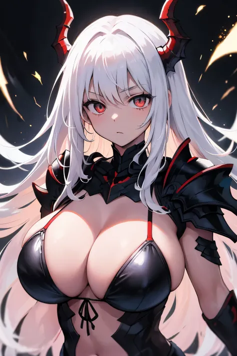 original character,alone,One girl，Hard Armor，Bikini Armor，Coda，Black Dragon Horn，Too big breasts,chest swollen like crazy,long white hair,Red colored eyes,Upper body only,(The background depicts a Western dragon with white scales.)，Black particle effect su...