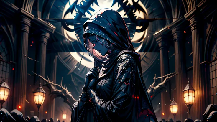 gorgeous, masterpiece, best quality, highres,4k, wallpaper, intricate, detailed, rpg, lord of the rings, vintage, dark room, indoor, poor, no money, small breast,kneel down prayer, Three Strand Braid hair, profile, not facing viewer.Muslim abaya, 
Masterpi...