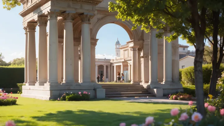 A scene picture, an arched door with Roman columns on the grass, flowers blooming on the door and pillars, small flowers of various colors blooming on the beautiful grass, close-up of the movie, horizontal angle