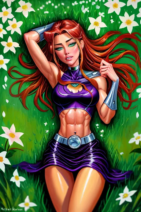 (oil painting:1.1), ((amber heard)), ((starfire)), dc comics, red hair, (orange skin), a woman with long orange hair and white flowers in her hair is laying down in a field of white flowers, (a detailed painting:0.353), (gothic art:0.106), slendered abs, b...