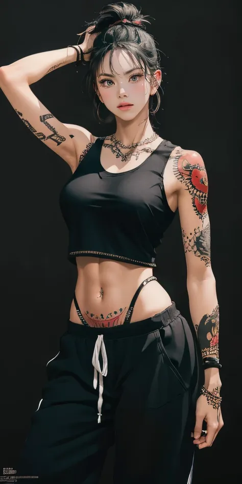 beautiful warrior woman, intricately covered in tattoos, (wearing a black tank-top and baggy joggers), athletic body, dramatic l...