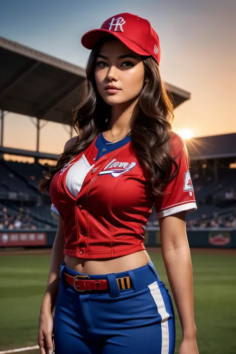 a gorgeous Grace Park, age 25, wavy hair in the wind. shes a men magazine model, She has a subtle smile and flirts with the camera, (she wears a baseball uniform with full length pants and baseball cap:1.2), (she is a pitcher standing on the pitchers mound...