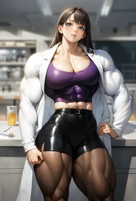 girl,beautiful face,, muscular female, alternate muscle size,embarrassing,lab coat,,muscular ,biceps, pantyhose,muscular thighs,test tube