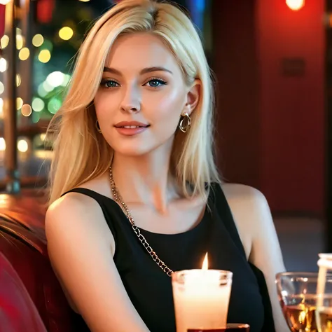 photorealistic, one girl, beautiful woman, age 20, sexy top, blonde hair, on a date, looking at camera, sexy