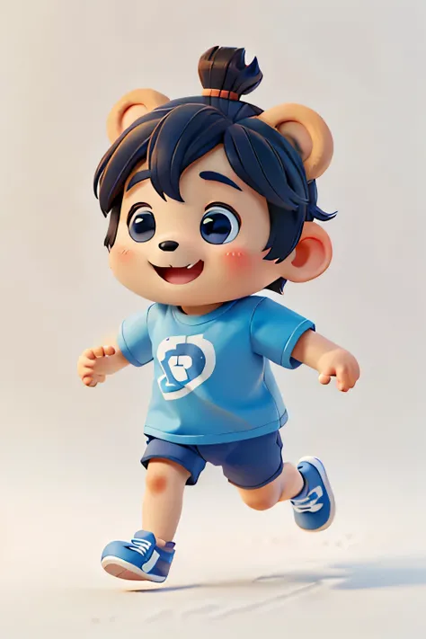 The cute, cheerful, small bear is wearing a blue t-shirt and running shoes while running with no background.