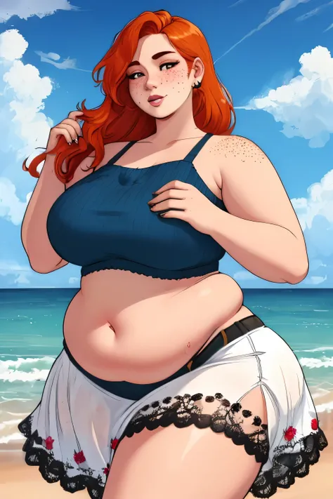 1woman, ginger, freckles, summer dress, wide hips, thick thighs, chubby belly. pear shaped body. wider hips, fat, 