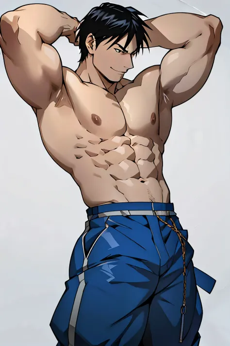 Roy Mustang from Fullmetal Alchemist, very attractive Chico, sonrisa presumida, Pelo negro, joven man, solo, raised muscle, hermosa musculatura, aesthetic stretch marks, Inspiring physique, lean muscle, pectorales cuadrados, hermoso cono en v, grandes abdo...