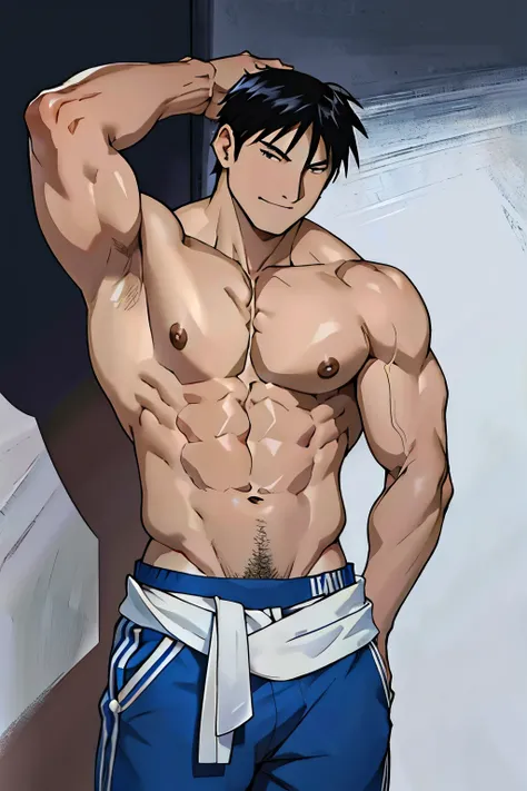 Roy Mustang from Fullmetal Alchemist, very attractive Chico, sonrisa presumida, Pelo negro, joven man, solo, raised muscle, hermosa musculatura, aesthetic stretch marks, Inspiring physique, lean muscle, pectorales cuadrados, hermoso cono en v, grandes abdo...