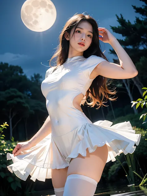 fancy, high quality, 8K, realistic,photo realistic,RAW photos,photography,high resolution, ultra high definition, best quality,dramatic lighting, glitter effect, from below, midnight, moon, ballet、Swan Lake、lake in deep forest、I see a castle in the distanc...