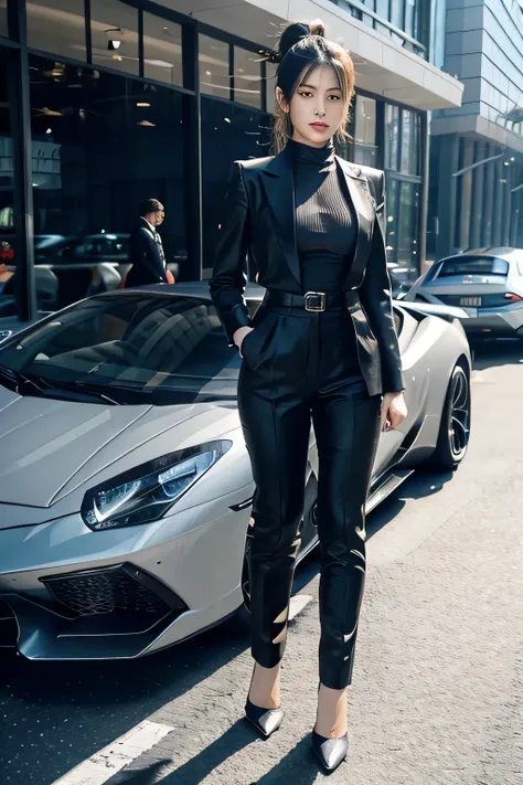 surreal , highly detailed footage of a woman，lamborghini，the female president of the group and her three bodyguards，professional...