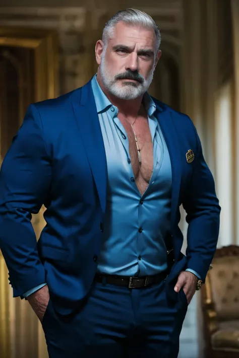 age 60, white man police detective with a mature, kind demeanor, strong and muscular yet chubby build, mustache, wearing dress p...