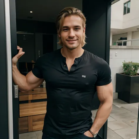 30 year old man very good looking, blonde hair, muscly, big biceps, smiling, black shirt, blue levis, black doctor martins, office in the background, taking selfie