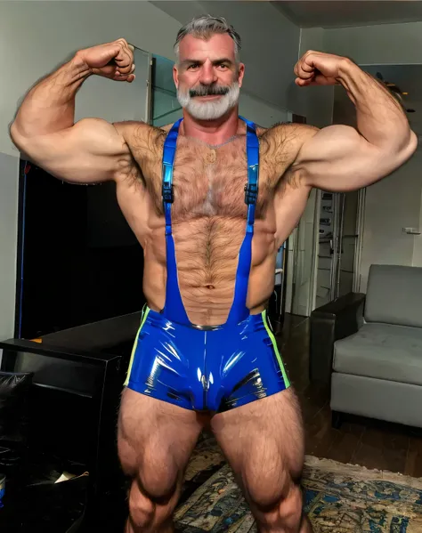 full body portrait, strong burly hairy mature older man(space captain), wearing futuristic captains uniform insignia (neon and black) (open and revealing) (latex) , gray hair, broad shoulders, round belly, thick feet, bulging micro thong, barefoot, scifi s...