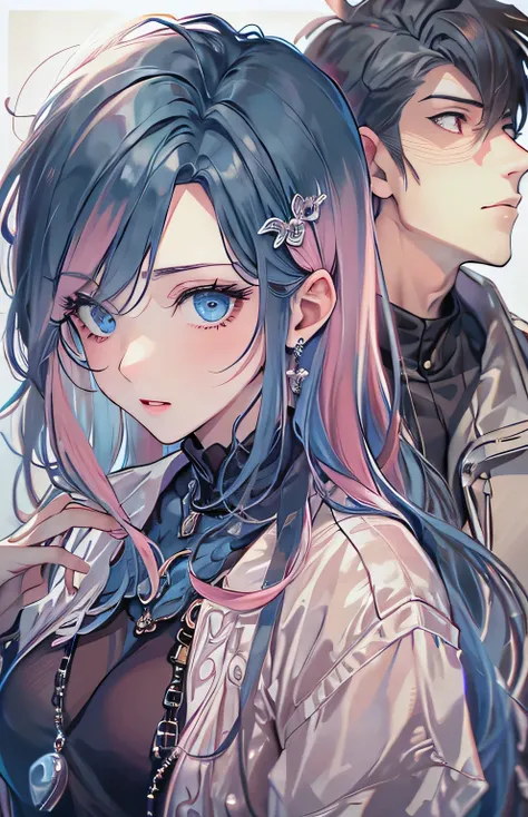 ((highest quality)), ((masterpiece)), (Get used to it), Couple , 1 male , 1 female , Perfect Face , Adult female , Adult male , The woman has long, beautiful pink hair. , The man has beautiful dark blue short hair , Beautiful dark blue eyes , 