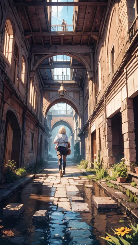 (best quality,4k,highres,ultra-detailed,realistic:1.2) inside the closed maze,ruins,floating houses,collapsed houses,one 20years old woman,blonde short hair,sitting on the floating house