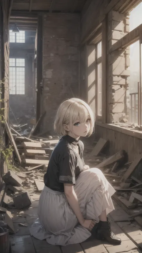 (best quality,4k,highres,ultra-detailed,realistic:1.2) inside the closed maze,ruins,floating houses,collapsed houses,one 20years old woman,blonde short hair,sitting on the floating house