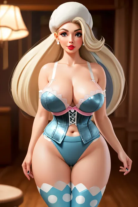 A sexy mature woman with a big breast, long hair, blonde, her blue eye, glitter, pink lips, wears a shiny white corset bra, shows her navel, curve, wide, huge legs, soft thigh, and a pair of metallic white tights, Omega powers. 