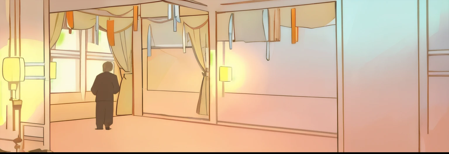 there is a man standing in one room with a curtain, Sunrise adds color to a room, Random background scenes, interior background technology, ballroom background, anime background technology, Bedroom background, Dark bedroom, Classroom Background, behind the...