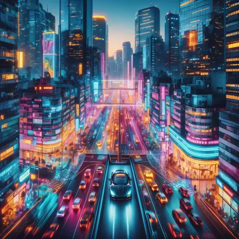 bustling city, The towering buildings shine with colorful neon lights in the sunset, Various modern cars and vehicles shuttle through the streets, Pedestrians are endless, Center of the screen, (A black sports car sped by:1.6), (Car body afterimage:1.3), (...
