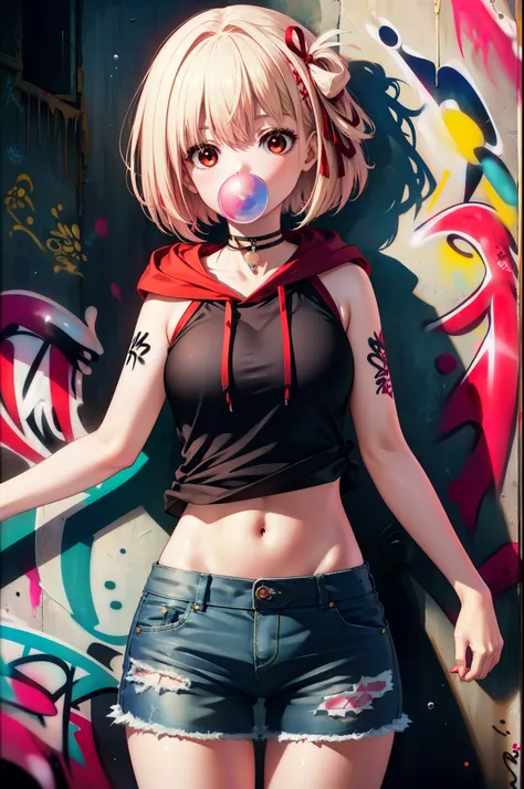 Chisato Nishikigi, Chisato Nishikigi, short hair, bangs, Blonde, (Red eyes:1.5), Hair Ribbon, One side up, red hoodie　Front open,Wearing a hood,Blowing bubble gum, Pink bubble gum,Bobcut,navel tank top,Denim shorts, choker, (graffiti:1.5), Paint splashes, ...