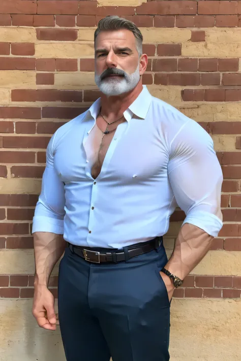 age 60, white man police detective with a mature, kind demeanor, strong and muscular yet chubby build, mustache, wearing dress pants and a buttoned-open translucent shirt that reveals a hairy chest and a noticeable bulge, wearing detective badge on belt, g...