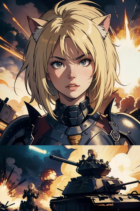 ((highest quality)), ((masterpiece)), (be familiar with), (High definition), 8K, Perfect Face、2Women、Two blonde women with cat ears、((Being caught in an explosion:1.3))、(They&#39;re both blown away:1.4)、tall、2 Blonde cat ears、2. Long Hair、2. Volumetric hai...