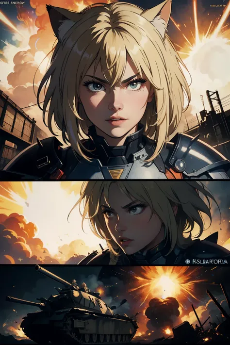 ((highest quality)), ((masterpiece)), (be familiar with), (High definition), 8K, Perfect Face、2Women、Two blonde women with cat ears、((Being caught in an explosion:1.3))、(They&#39;re both blown away:1.4)、tall、2 Blonde cat ears、2. Long Hair、2. Volumetric hai...