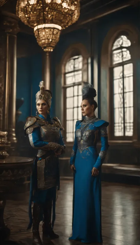 two women in costumes are standing in a room, as lady mechanika, static Prometheus frame, blue body paint, cyberpunk ornaments, Aztec Empress, cinematic details, guards, balcony scene, solarpunk, by Leon Wyczółkowski, sisters, Japanese cgi, Kazakh empress,...