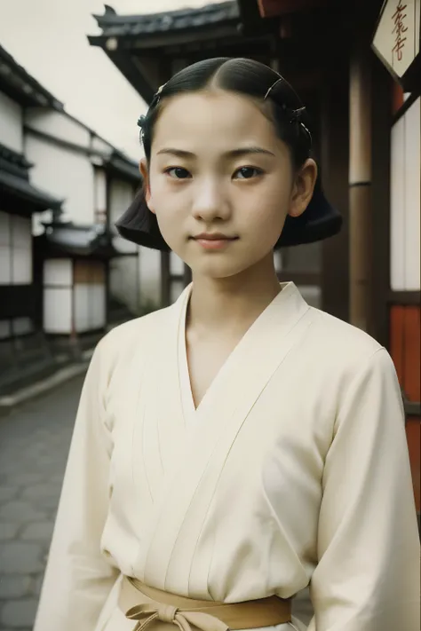 Kioto, 1934. A young ((((14-year-old)) Sayuri)), strikingly beautiful, delicate facial features, porcelain skin, expressive eyes, in the street, shy smile, ((((japanese clothings from the 1930s)))), ((hairstyle of the 1930s)), color