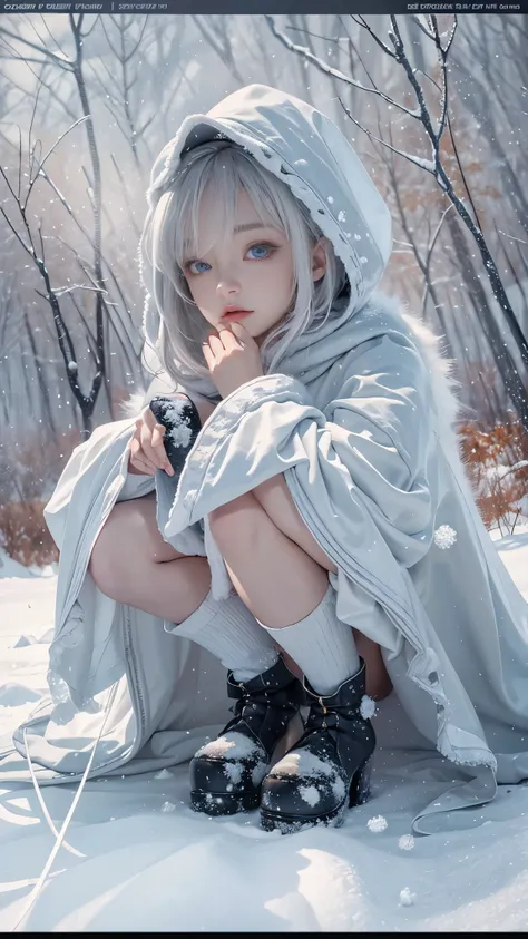 8k，Photorealistic, high resolution, 1 Women, Solo, Hips up,(Lolita costume)， Beautiful eyes, White hair, ringed eyes, (Sit，Cloak，snowfield)，((lifting her skirt，spread their legs))，