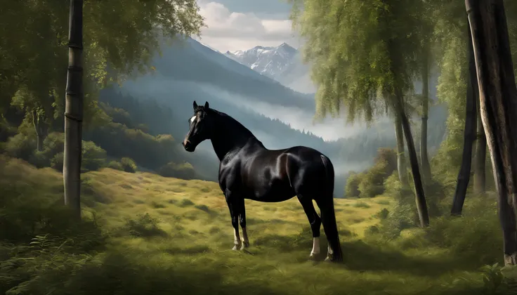 A black horse and A Bull standing majestically amidst the bamboo forest of the Caucasus mountains. The horse has a glossy black coat that shimmers in the dim light. Its muscular body is outlined against the misty backdrop of the mountains. The horses eyes,...