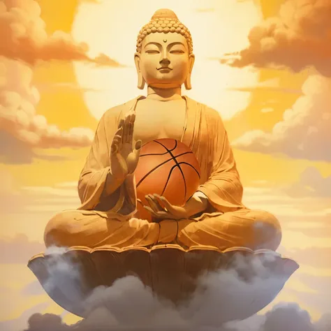 buddha statue with basketball ball in hand on cloud covered surface, buddhism, the buddha, enlightened, buddha, buddhist, by John Moonan, by Thomas Blackshear, by Mario Dubsky, spiritual enlightenment, by Wayne England, by Brian Thomas, by John La Gatta, b...