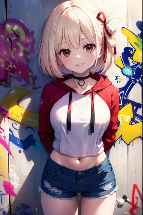 Chisato Nishikigi, Chisato Nishikigi, short hair, bangs, Blonde, (Red eyes:1.5), Hair Ribbon, One side up, happy smile, smile, red hoodie　Front open,Wearing a hood,Blowing bubble gum, Pink bubble gum,Bobcut,navel tank top,Denim shorts, choker, (graffiti:1....