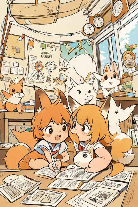 coloring book images, cute foxes in the school