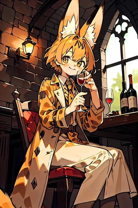 serval cat，hairy，Big Tail，Trench coat，tie，Lovely，juvenile，Medieval Pub，wall lamp，Wine Bottle，Wall hanging bow，Holding wine glass in hand，sit on the chair，Turn sideways and turn around，Smiling，high quality，masterpiece