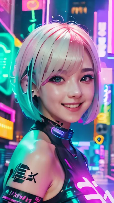 A colorful Bob cut haired punk girl, smooth white skin, innocent look, 15 years old, Ultra high res, uhd, (photorealistic:1.4), cyberpunk outfit, winking, smiling ear to ear, neon lighting