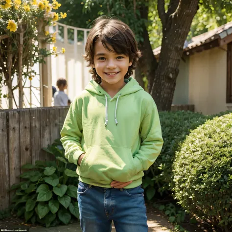 a boy with messy hair, big bright eyes, a mischievous smile, wearing a colorful hoodie and jeans, standing in a lush green garden, surrounded by blooming flowers and tall trees, with sunshine casting warm rays on his face and creating beautiful shadows on ...