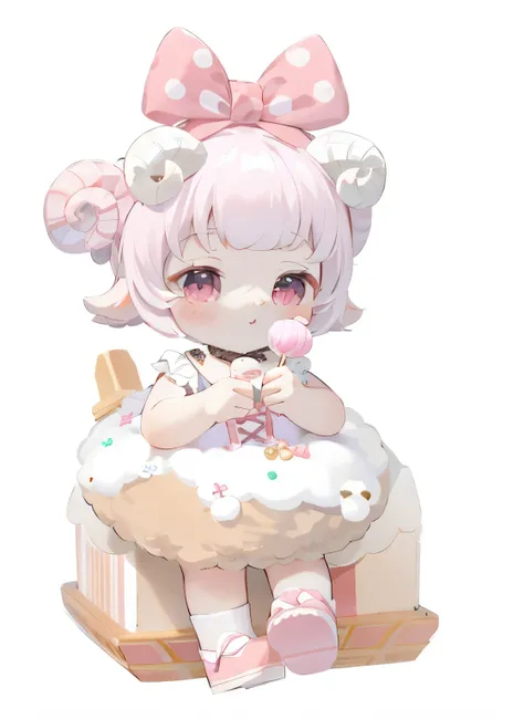 Sheep horns ,lolita cute character, ,,La Rafael, Sheep horns little loli girl, 2d，two-dimensional，，celluloid，HD，8K，，，Correct structure ，Q version is very cute，，Suspender dress，Bow Polka Dot Headdress，，，Pink Eyes，Holding a lollipop，candy，Second Dimension，