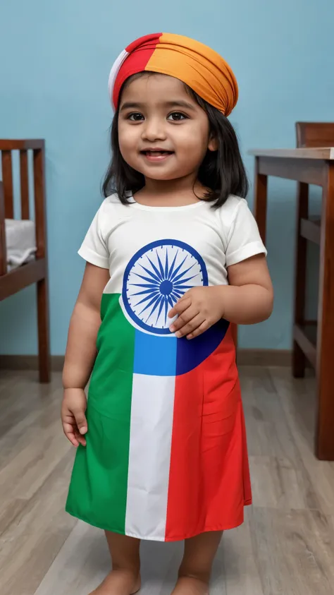 cute smiling indian baby with dress made of indian flag, background indian flag, detailed , 4k realistic 3D photo 