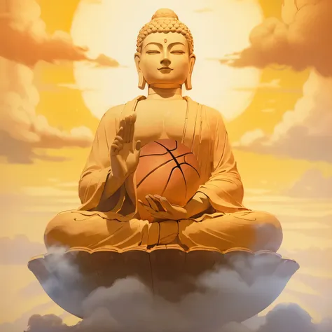 buddha statue with basketball ball in hand on cloud covered surface, buddhism, the buddha, enlightened, buddha, buddhist, by joh...