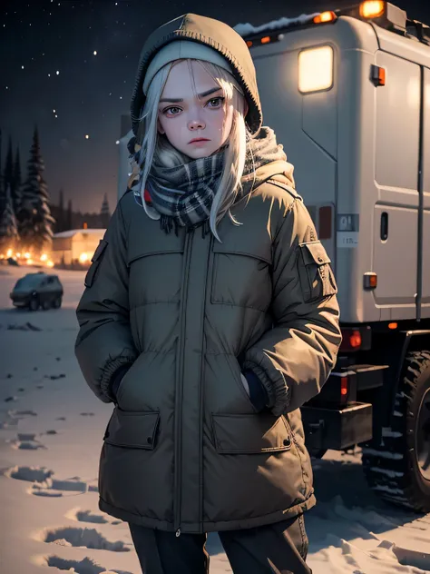 Elle Fanning, grubby skin, frightened expression, hands behind back, cold, snow, eyebrows raised, wearing padded blue parka, tatty patched canvas trousers, multicam keffiyeh, standing beside a big truck, nighttime, aurora borealis