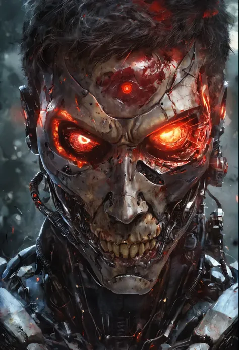 a close up of a man with a bloody face and red eyes, with glowing red eyes, with red glowing eyes, red glowing eyes, portrait demon half human, red eyes glowing, glowing red eyes, cyborg zombie, scary look, portrait of a zombie, with red eyes, zombie with ...