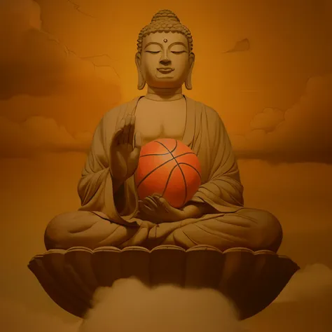 buddha statue with basketball ball in hand on cloud covered surface, buddhism, the buddha, enlightened, buddha, buddhist, by joh...